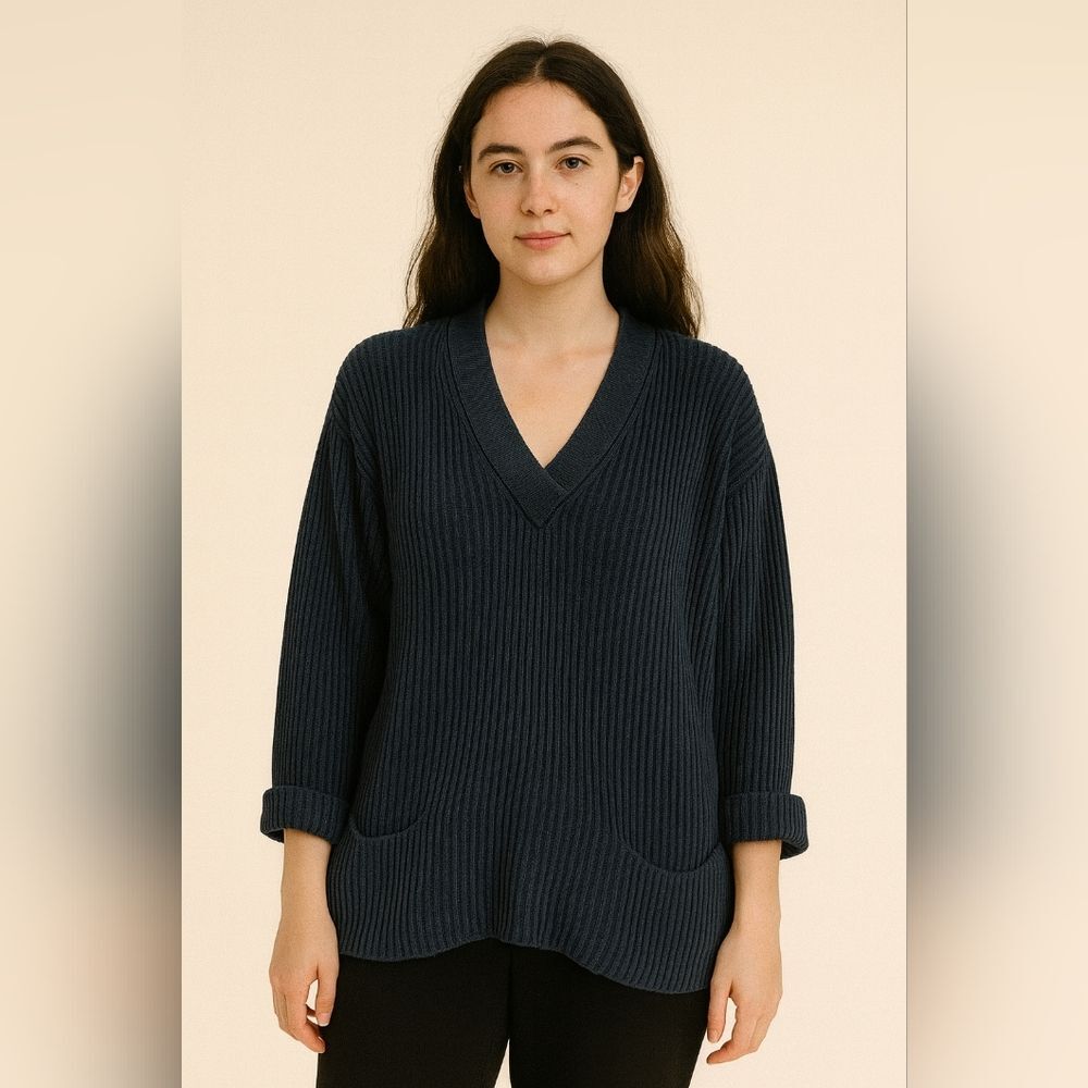 Vtg Ribbed Ramie Cotton Blend Pullover Sweater Vneck Knit M Blue Pockets Oversiz
